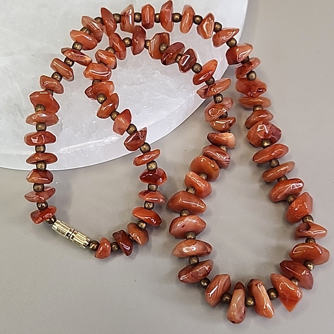 Vintage Carnelian Agate Beaded Necklace Stone Orange Polished Nugget 17.5″