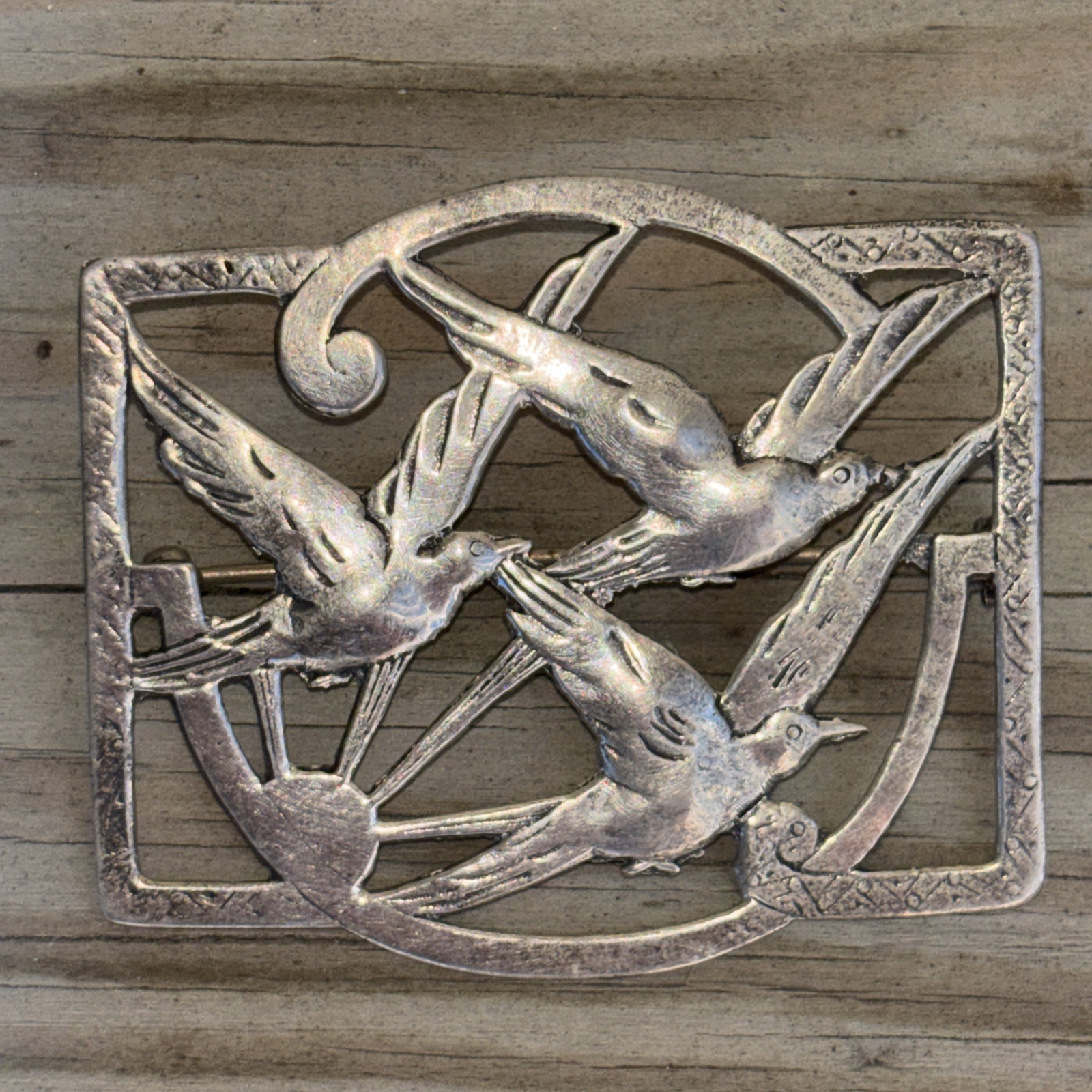 NORSELAND CORO(?) Silver Vintage Antique 3 Birds Brooch Pin Unmarked 2 1/4”x 2”