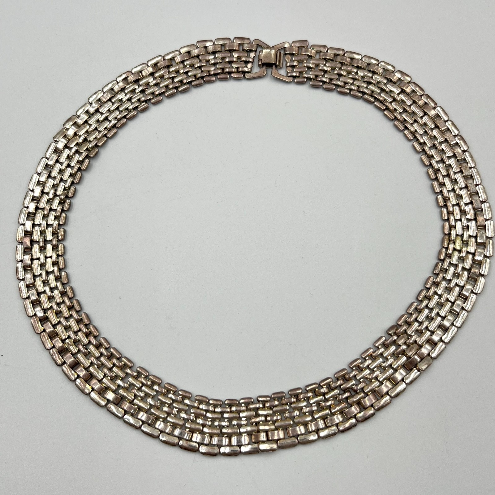 Vintage Retro Silver Tone 7-Row Brick Link Choker Necklace, Deco Style Statement