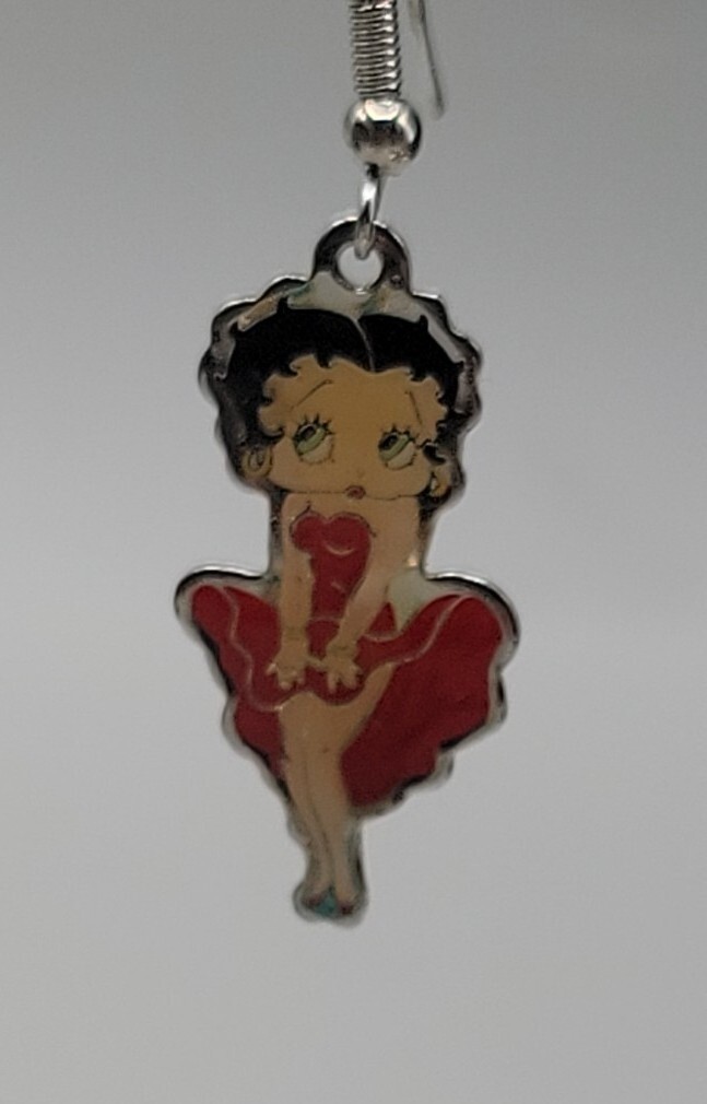 Vintage Betty Boop Red Dress Dangling Hook Earrings KFS/FS Hearst Silver Tone 1″