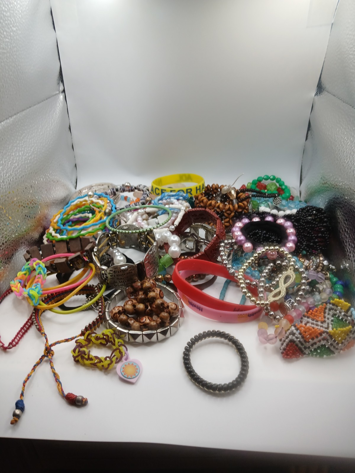 Stretch Bracelet Bulk Lot Rubber Silver Toned Colorful Assorted Jewelry Wearable