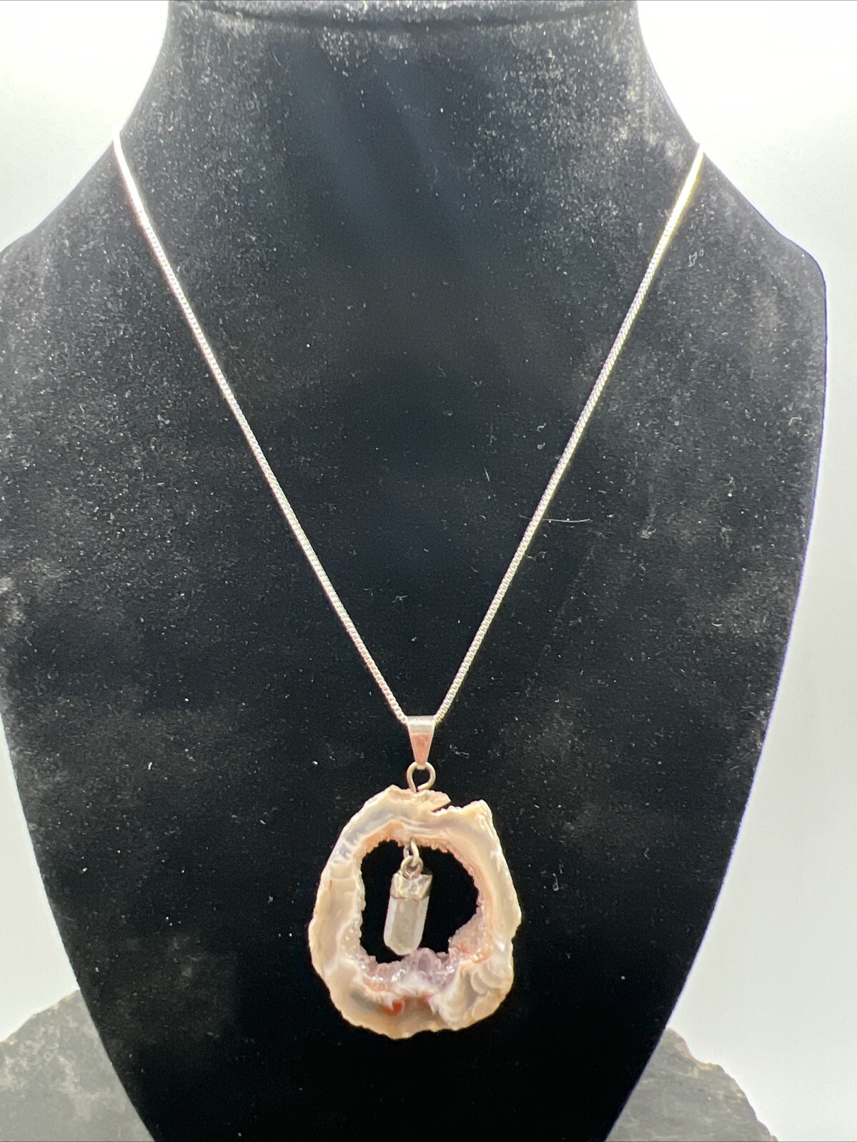 Vintage Druzy Quartz Sliced Pendant On 20″ Sterling Box Chain 10.9 Grams