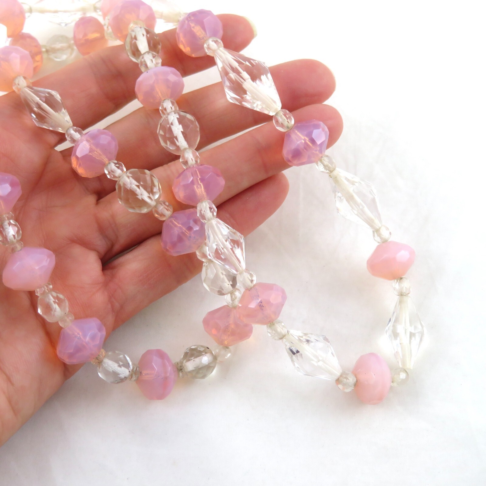 Vintage Crystal Opaline Faceted Glass Beaded Necklace 30″