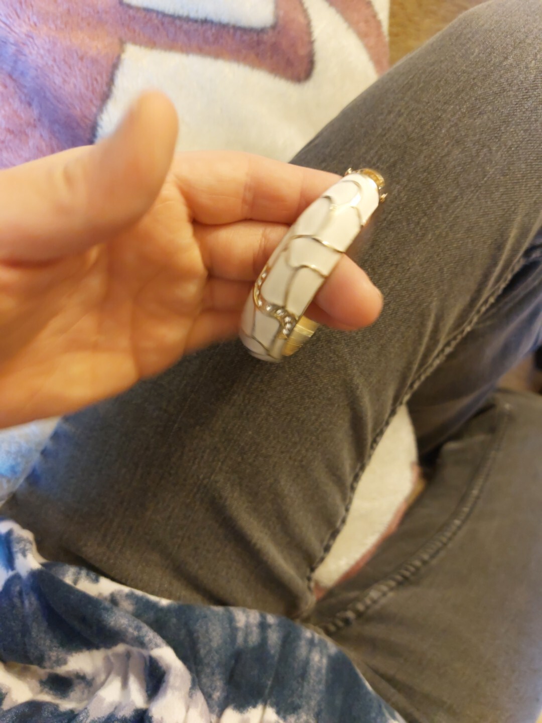 White & Silver, “S” Enamel Painted, Alloy Metal Hinged Bangle Bracelet