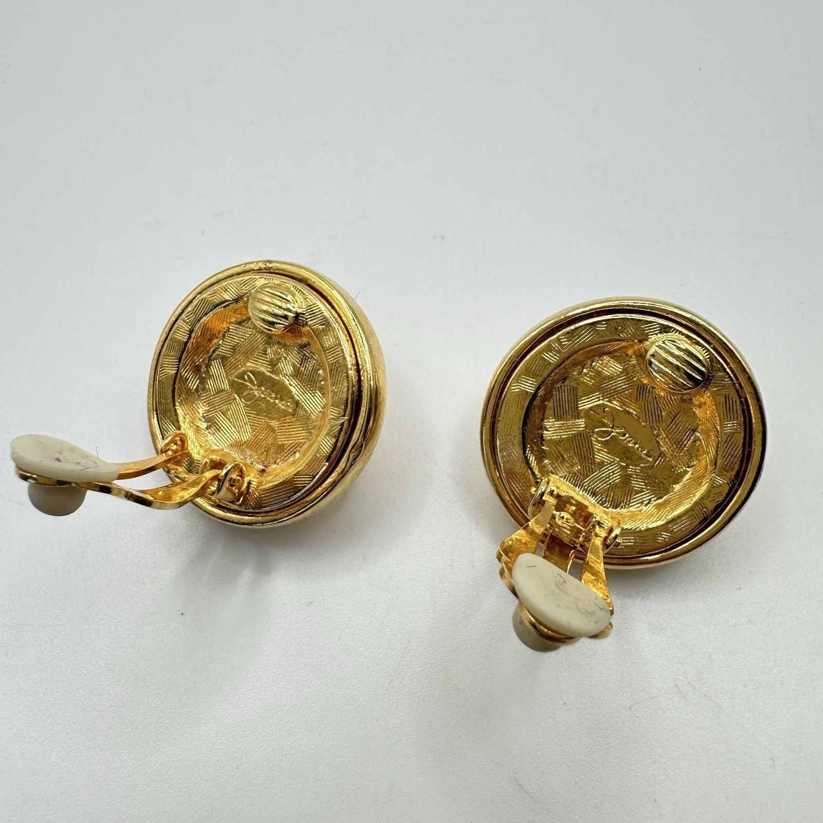 Jesara Vintage Gold Tone Clip-On Earrings Signed Textured Raised Button Style