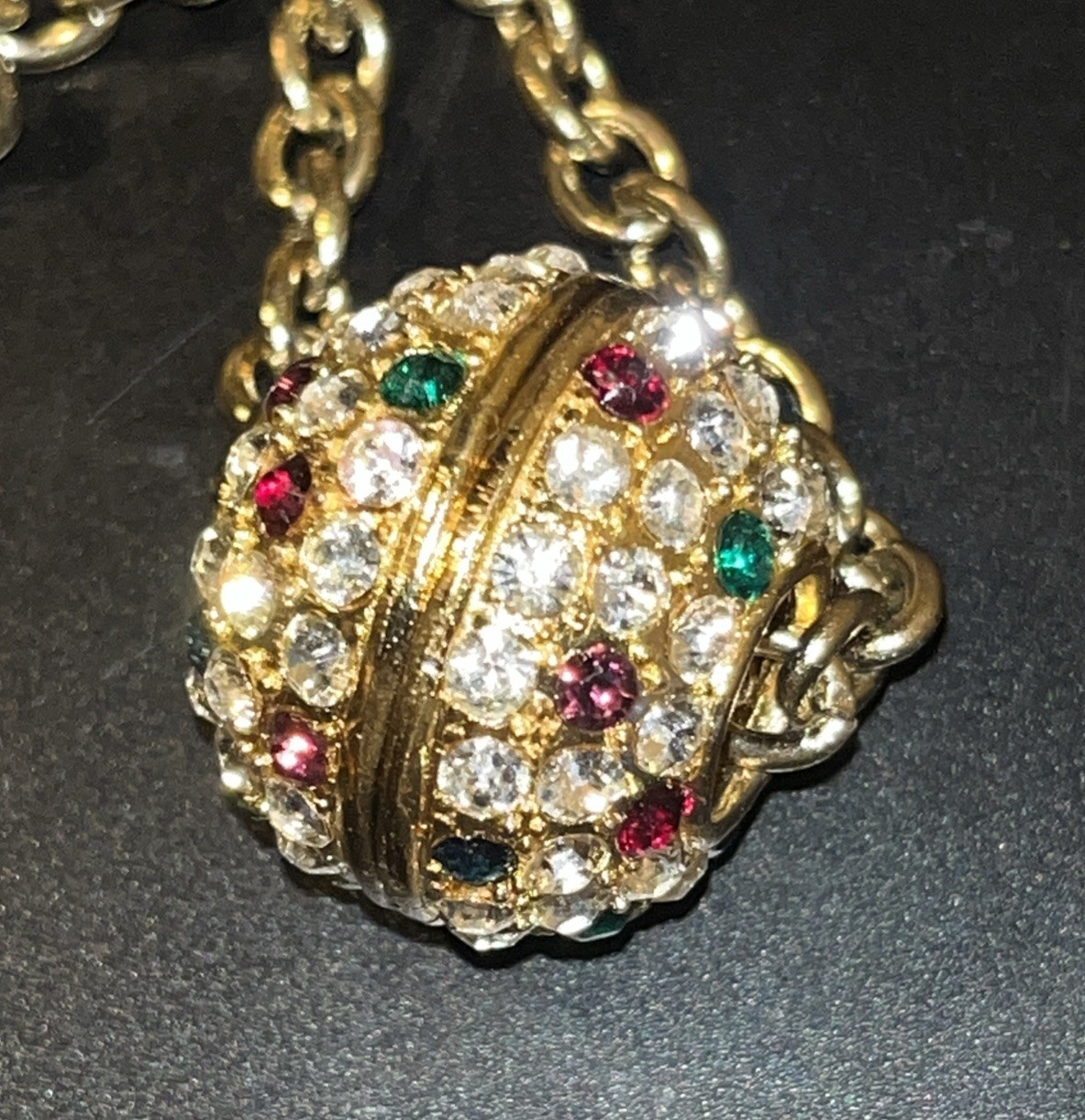 Vintage 1” Ball Bauble Gold tone Crystal Rhinestone Slide Rope Chain