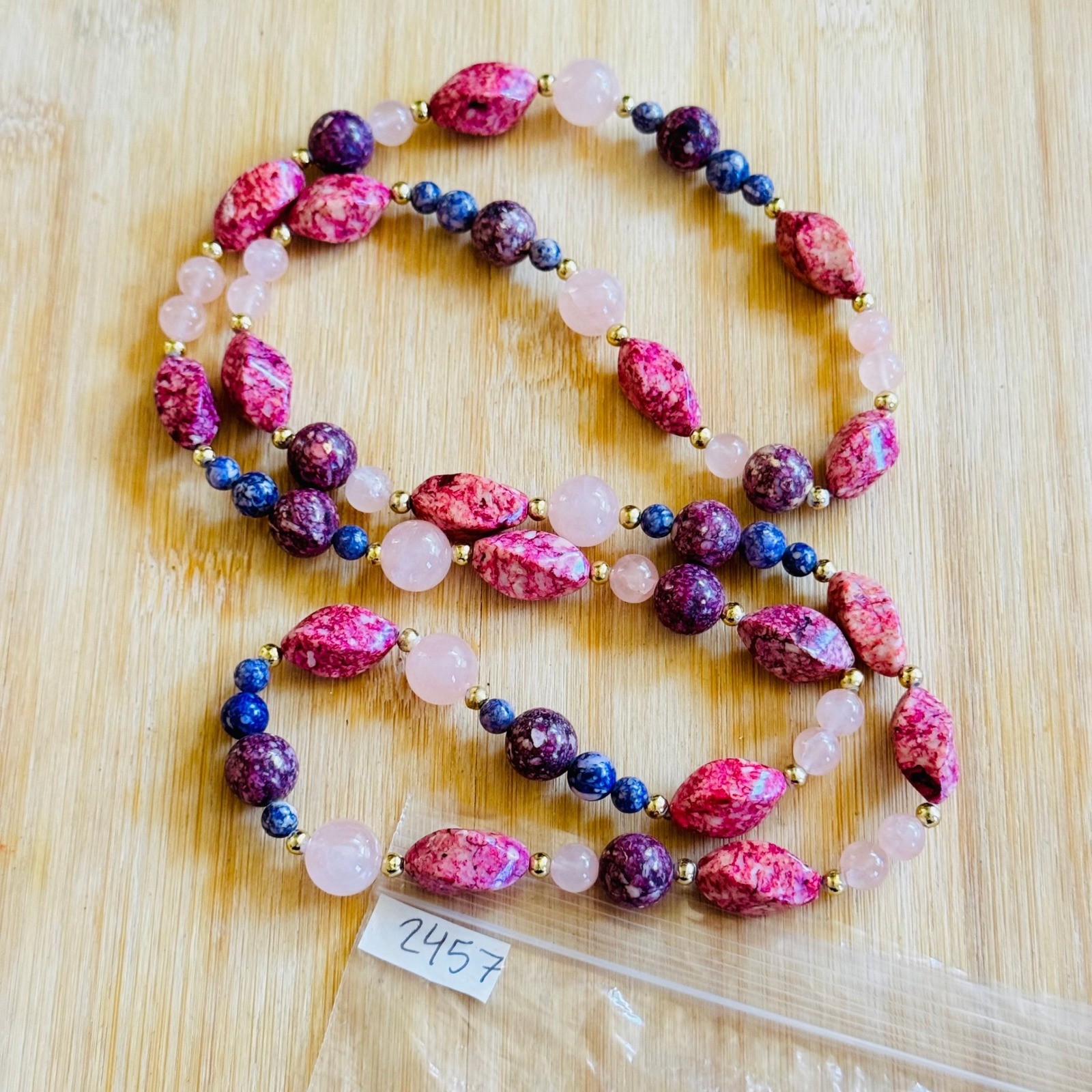 VTG Czech Art Glass Beaded Picasso Necklace Purple Pink Quartz Beads Flapper 34″