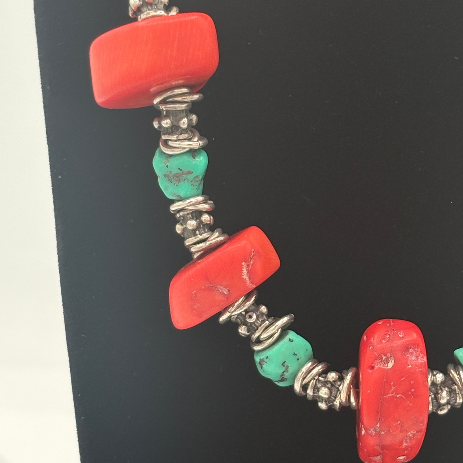 Artisan Bamboo Coral & Composite Turquoise Necklace with Sterling Silver Accents