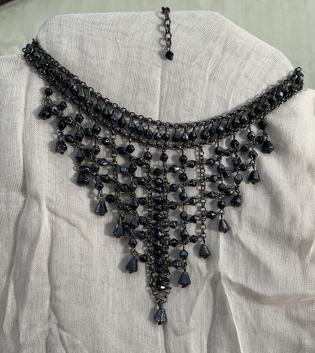 Vintage Black beaded bib statement necklace l glass beads l fringe l 11”