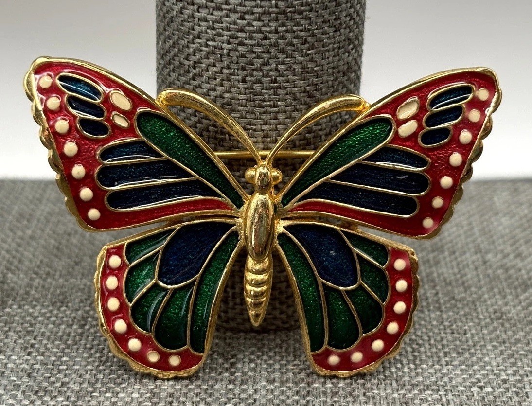 Vintage Gold Tone Colorful Enamel Butterfly Brooch Pin Red Blue Green