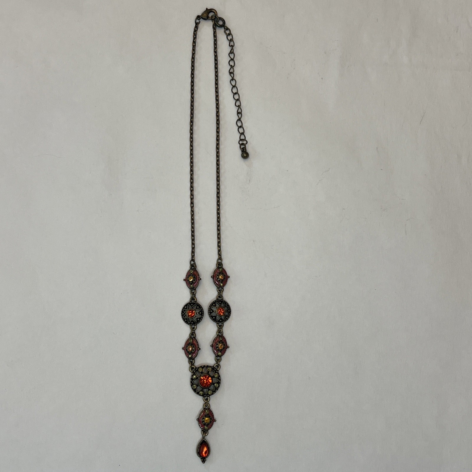 VTG Nina Ricci Avon Y-Drop Necklace Ornate Bronze Red Rhinestone Signed NR