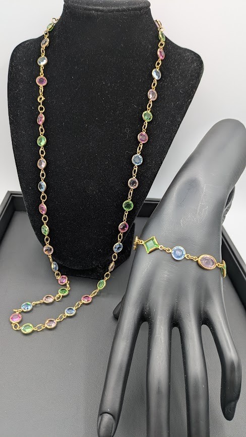 Vintage Open Bezel Crystal Set Necklace & Bracelet Glass UV Glow