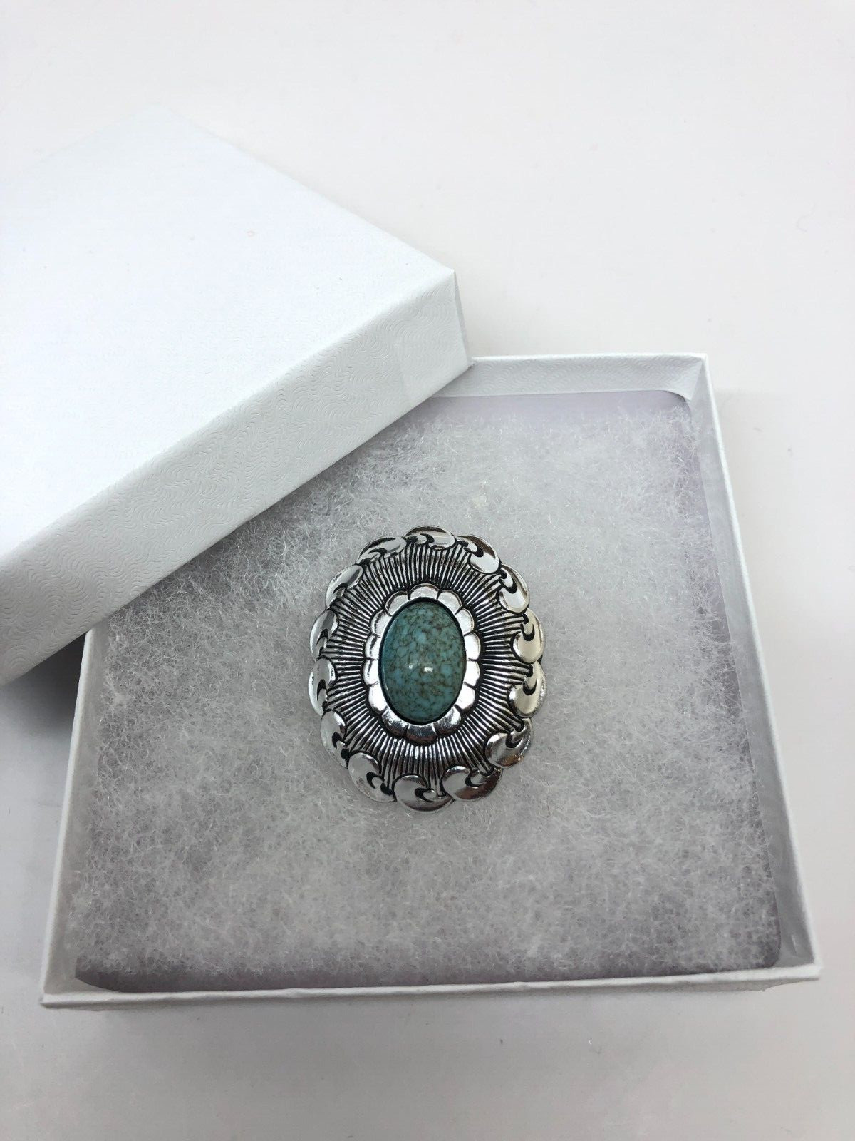 Vtg West Germany Scarf Clip Faux turquoise Oval cabochon Silver Tone signed