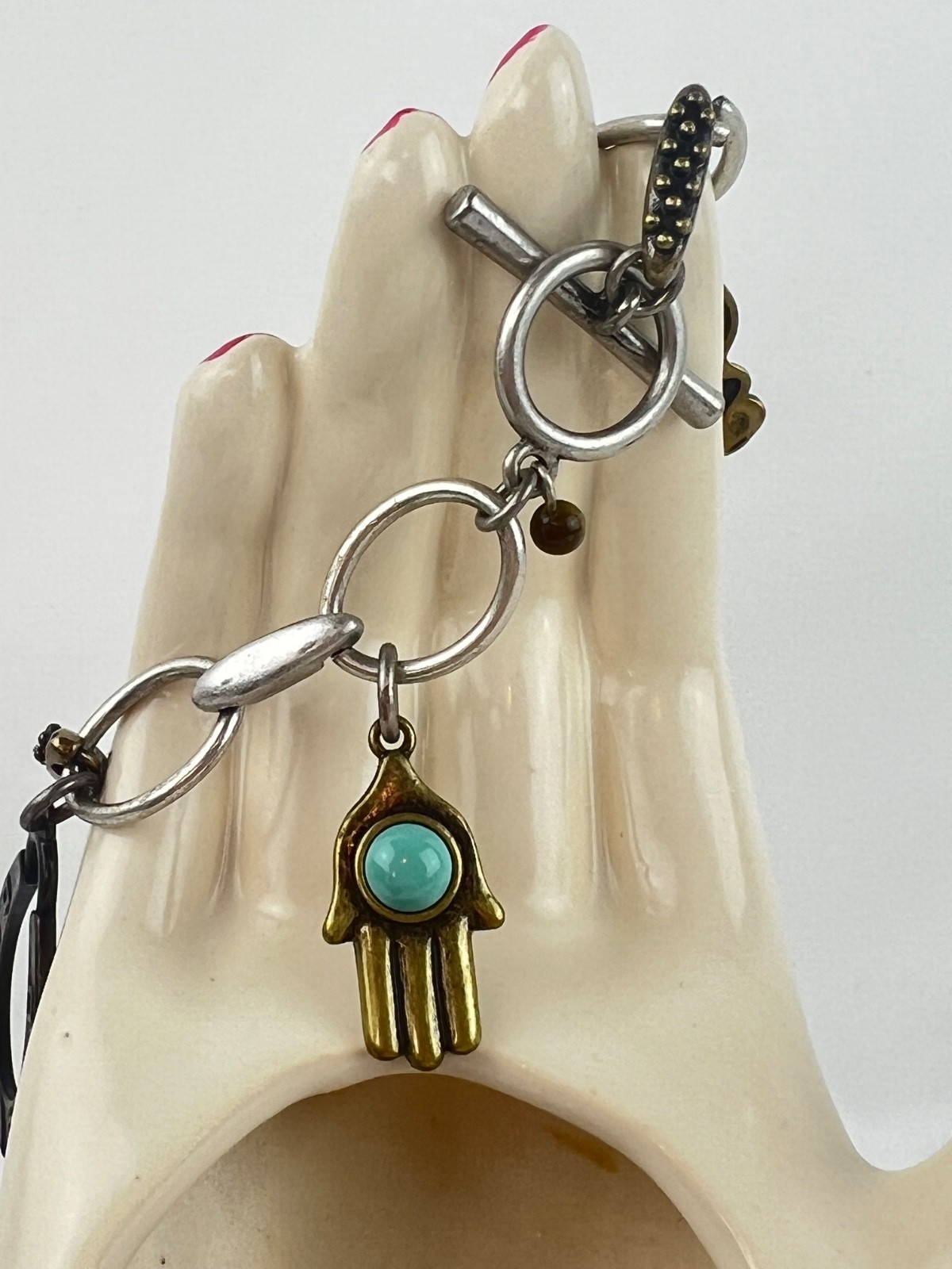 Matte Silver Metal Good Luck Charm Bracelet Dice Shamrock Wishbone Horseshoe 8″