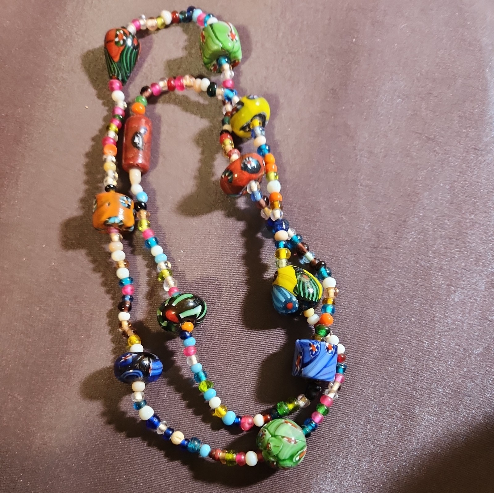 VINTAGE MURANO ART GLASS MILLEFIORI ROUND BEAD MULTI COLOR NECKLACE 30″ LONG