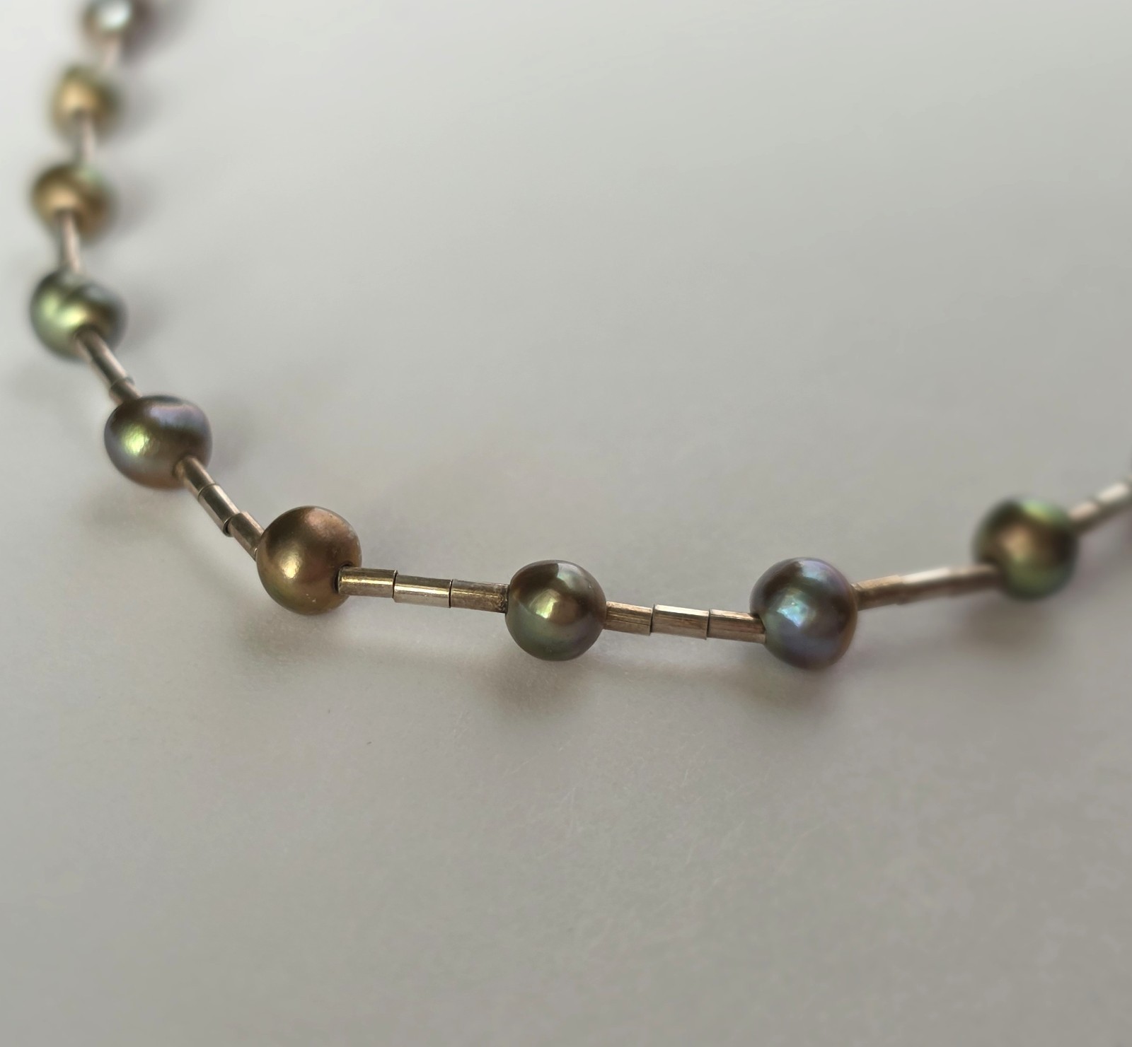 925 Sterling Silver Peacock Pearl Station Necklace 16″ Taxco Style Vintage
