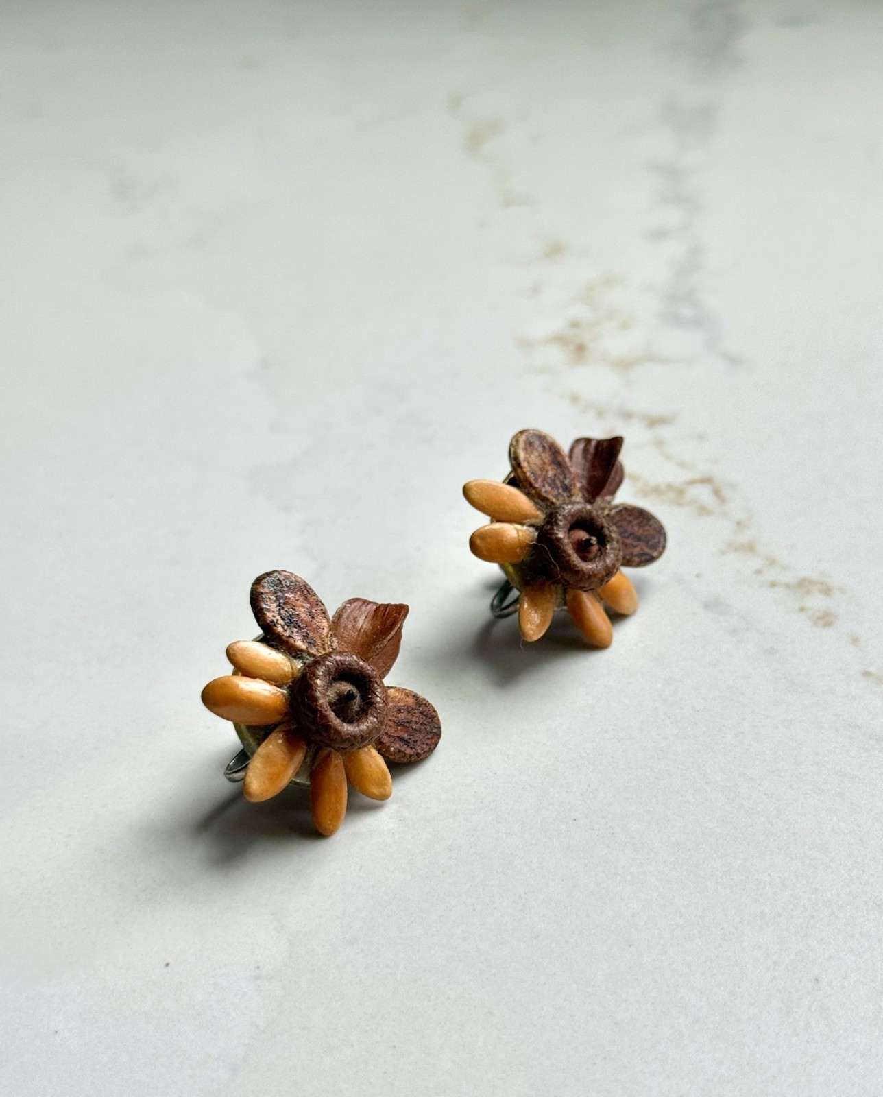 Vintage Early Century Wood Flower Screw Back Earrings