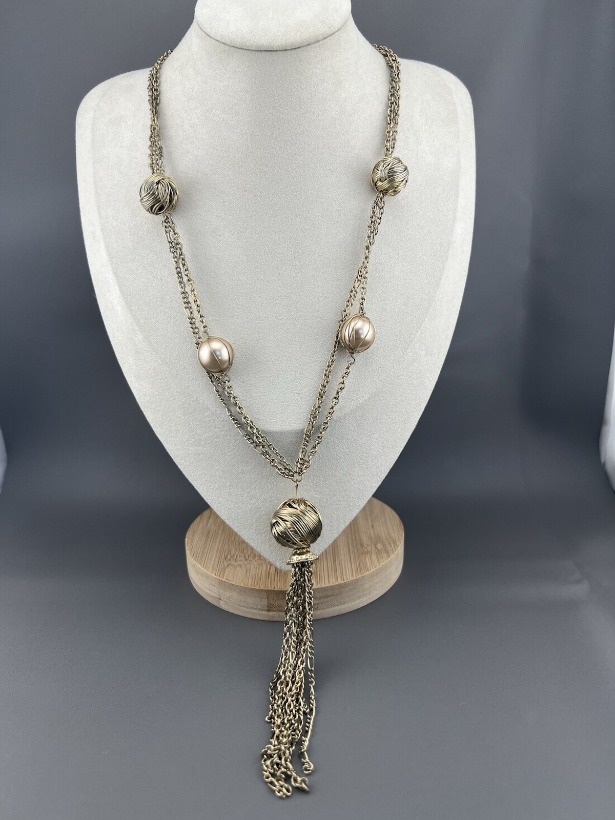 Vintage Tassel Necklace Faux Pearl Beaded Gold Tone Signed Bijoux Terner 21”