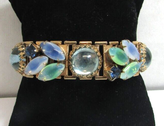 Vintage 1950’s-60’s Opaline Navette Cabochon Rhinestone Glass Gold Tone Bracelet