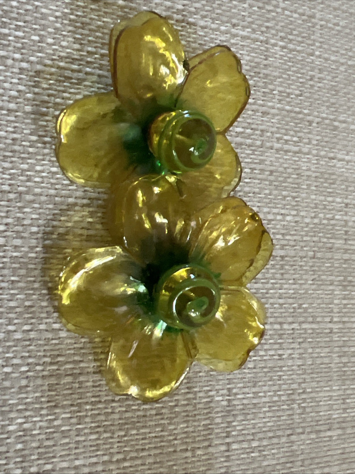 Vintage Cellulose Acetate Yellow Double Layer Petal Floral Clip On Earrings