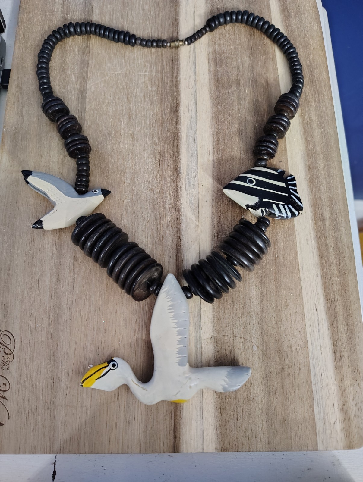 Folk Art Wooden Beach Bird Fish Necklace