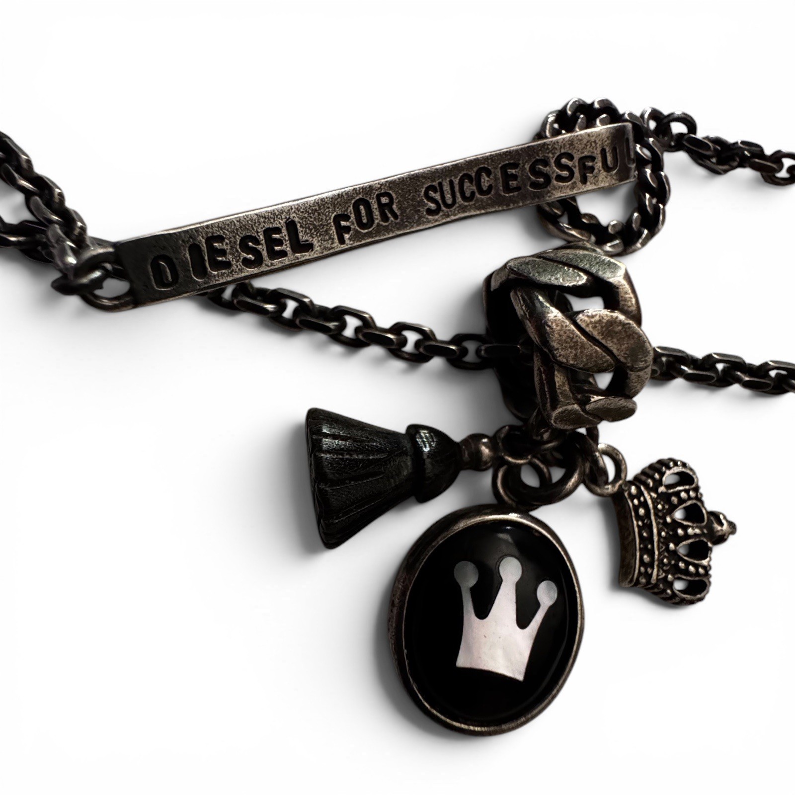 Diesel For Successful Living 925 Marked Charm Necklace Crown Pendant Y2K Mens