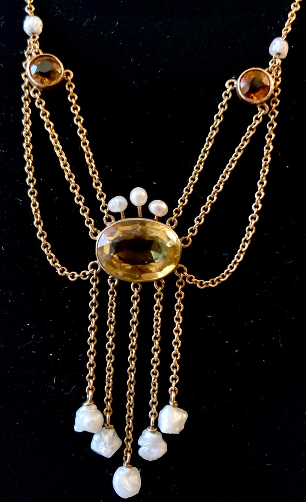 Antique Edwardian 14K festoon swag citrine & freshwater pearls necklace, c.1915