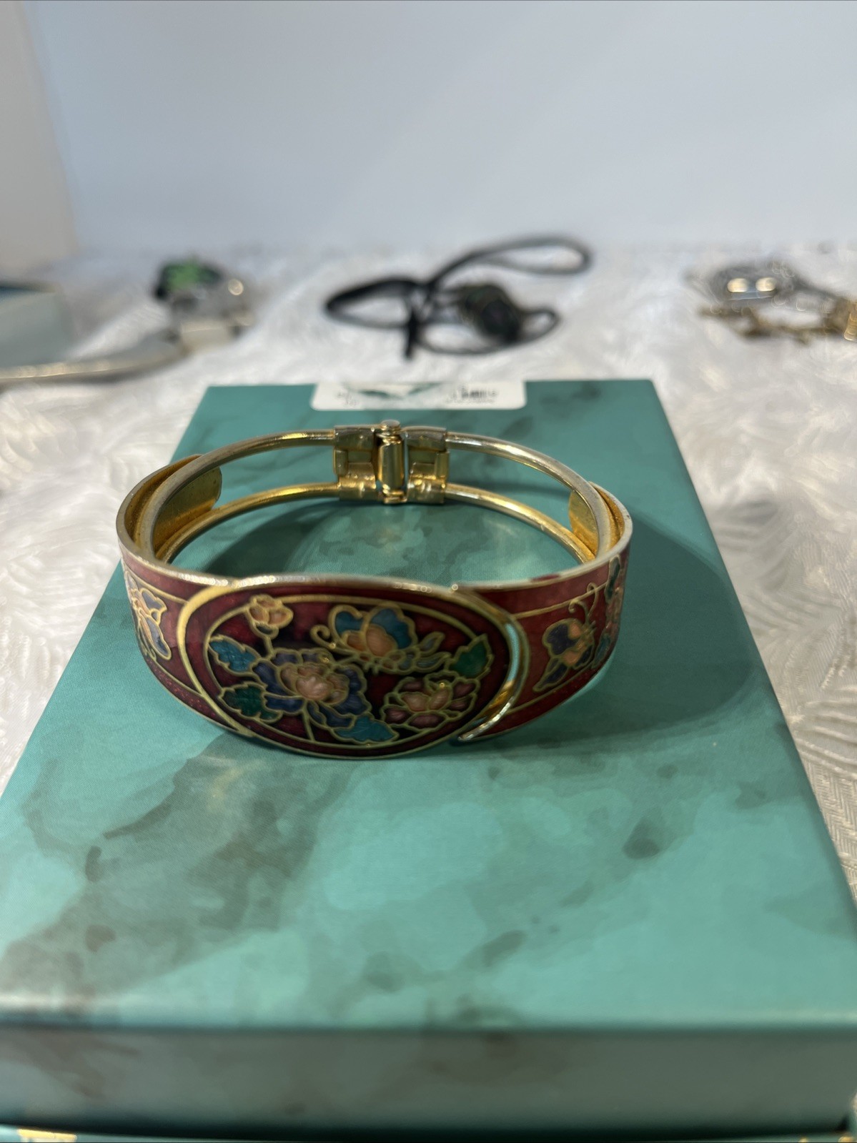 Vintage Red Hinged Cloisonne Bracelet Clamper Butterflies & Flowers
