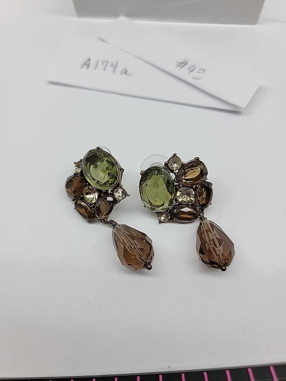 Green Brown Vintage Gem Stud With Bead Dangle Olive Green Golden Brown Unbranded