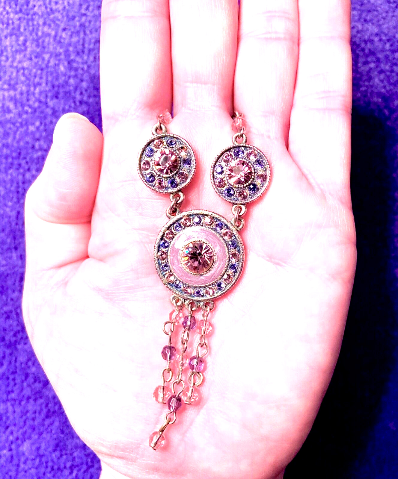 VINTAGE🇺🇸1928 FAIRY FANTASY PURPLE+PINK AUSTRIAN CRYST+ENAMEL NECKLACE VG+✨VTG