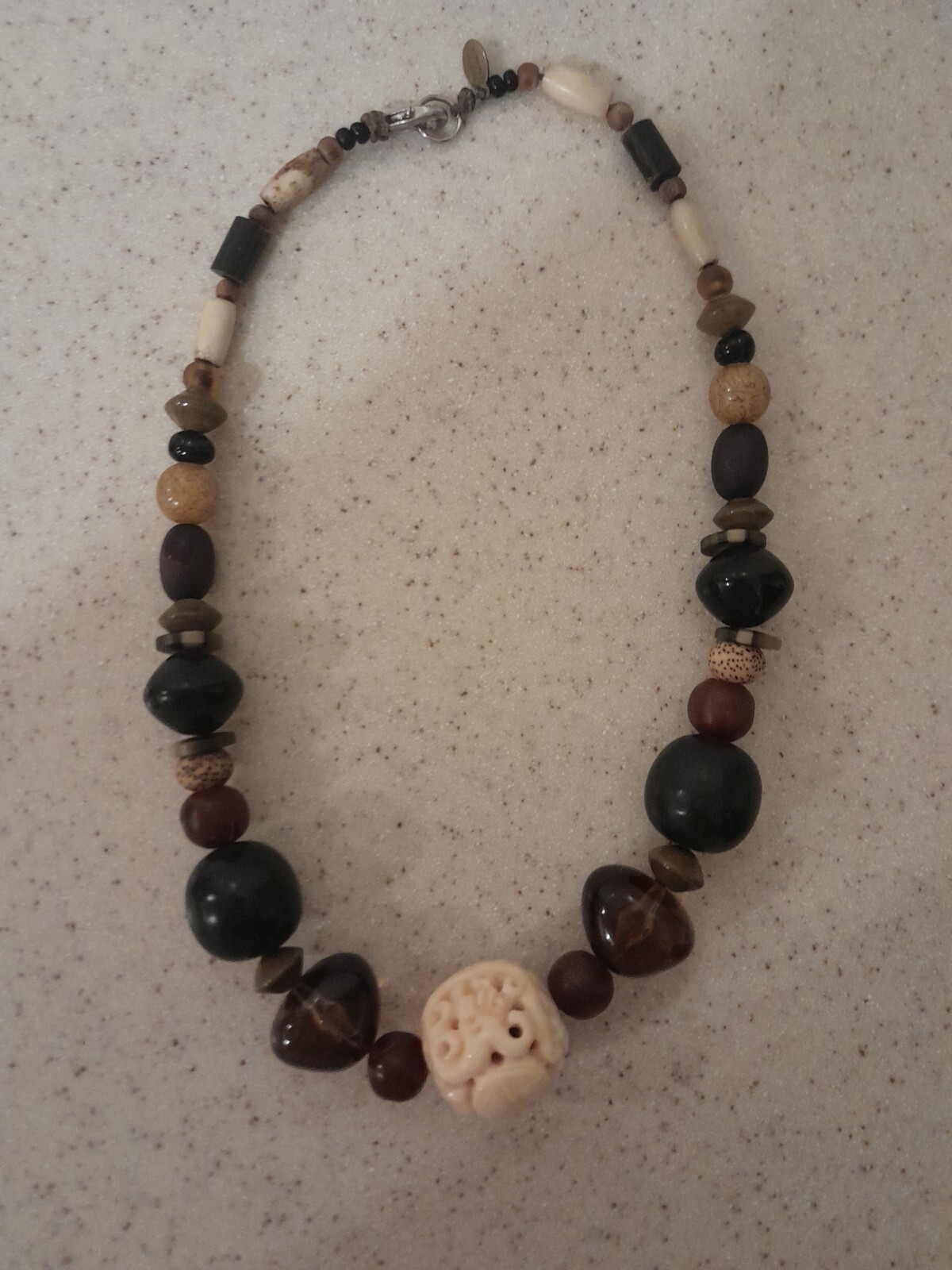 Vintage Teresa Goodall necklace signed ~multiple beads one carved bead Artisan