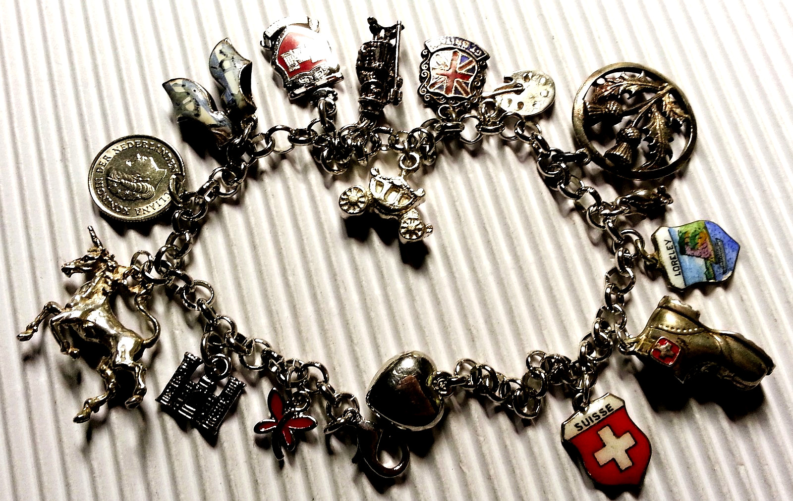International Travel Sterling Silver Charm Bracelet & 16 Charms, 925-800 Silver