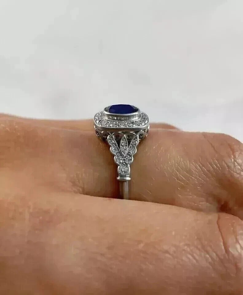 Art Deco 2.25Ct Oval Sapphire & Lab Created Diamond 925 Silver Engagement Ring