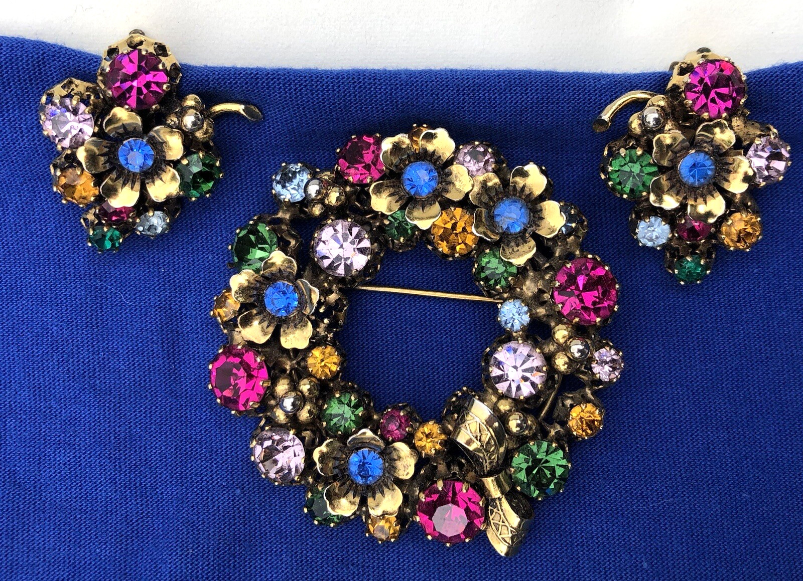 Vintage Austria Multi Color Rhinestones Flower Brooch & Clip Earrings Set