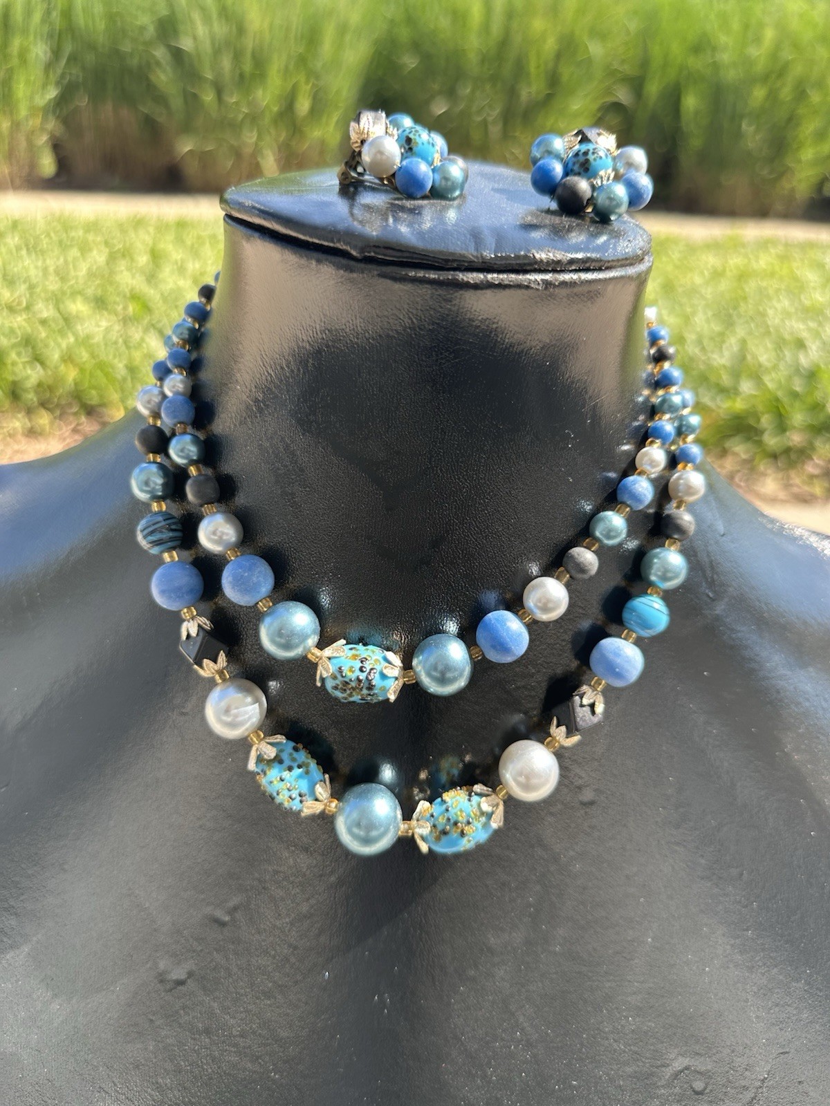 Vintage Japan Beaded Necklace and Clip On Earrings Set -8 inch-16inch