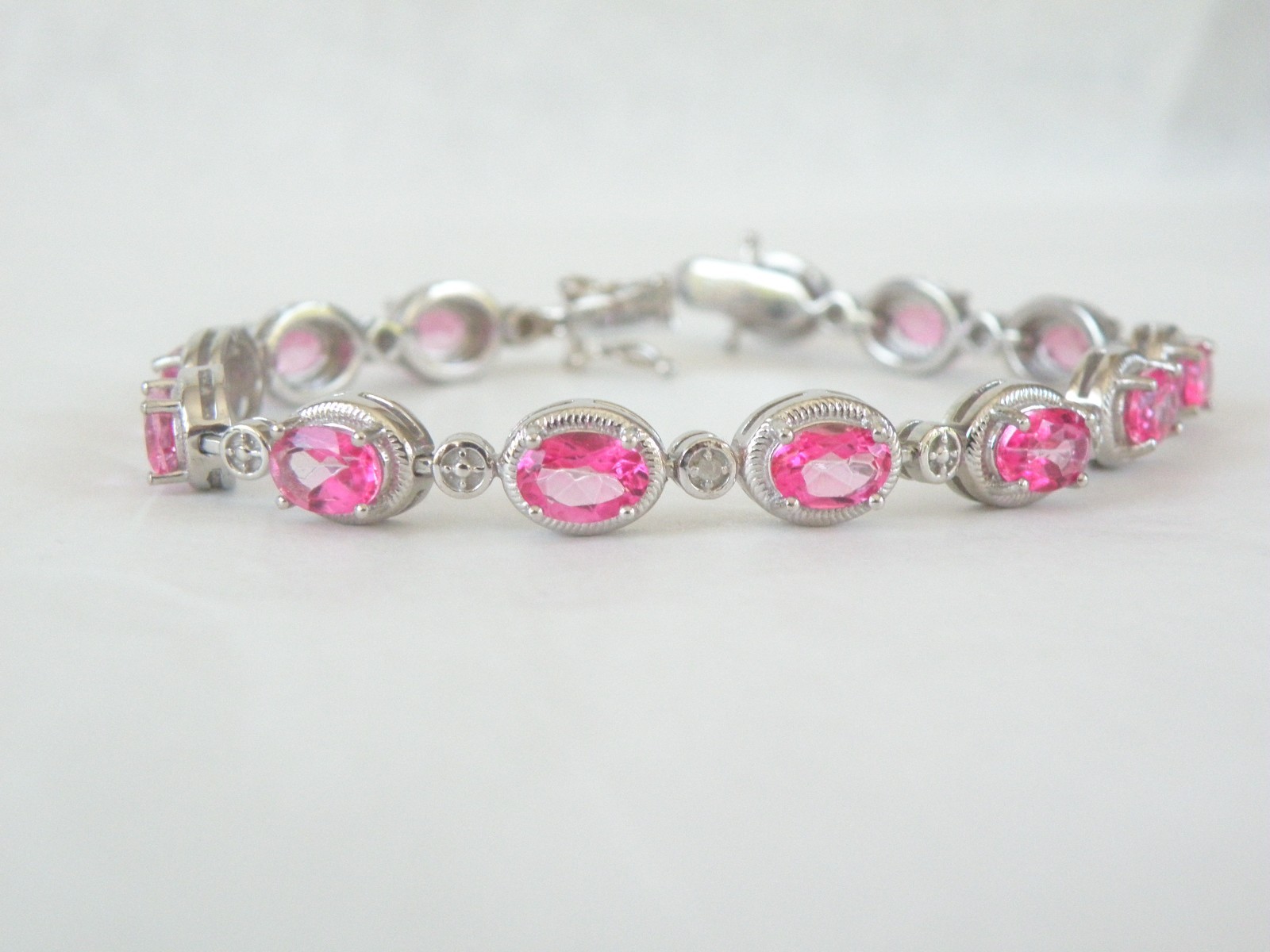 Sterling Silver 925 Natural Pink Topaz Diamond Tennis Bracelet 7.5″