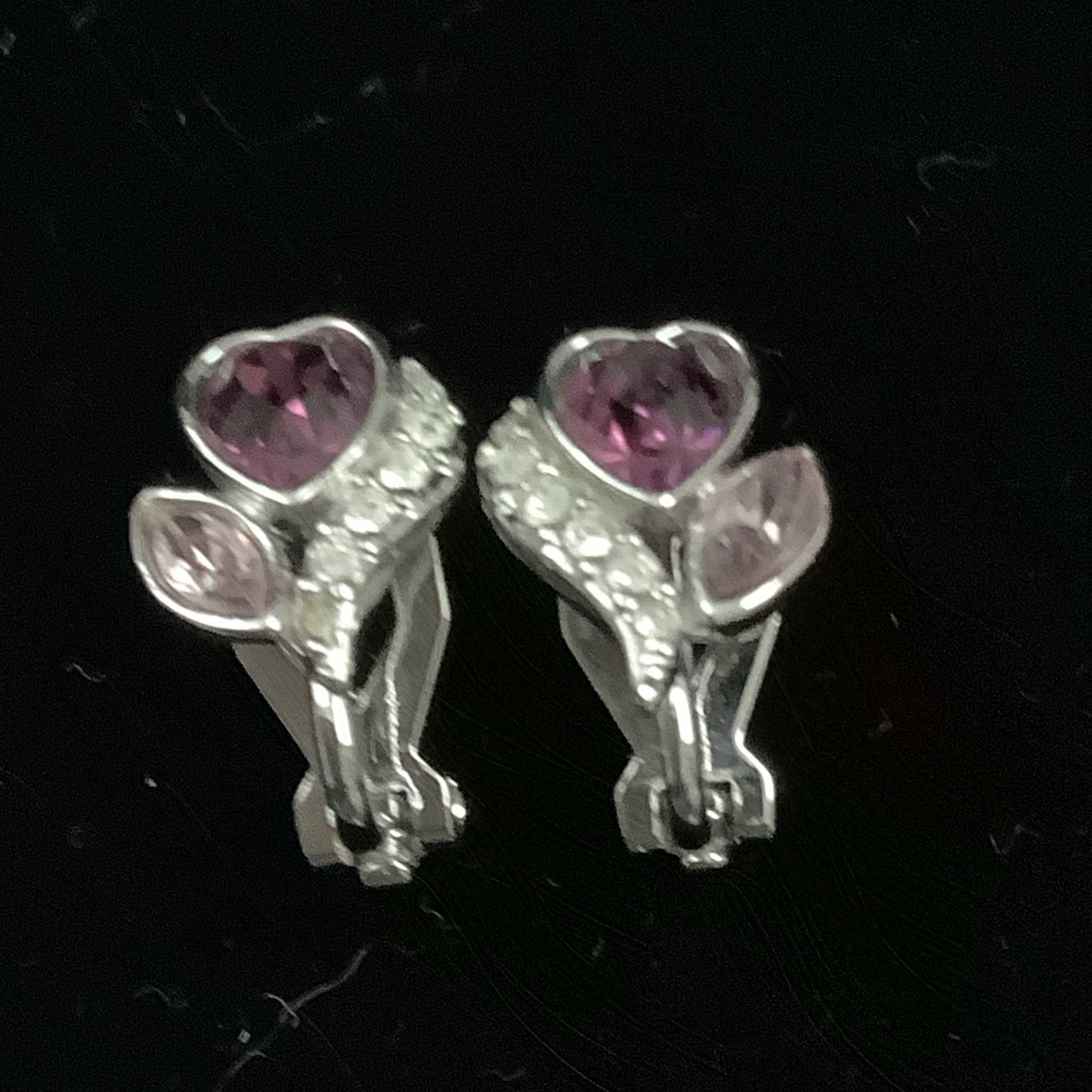 Vintage Pink Heart Clip On Earrings Signed By Unknown Maker