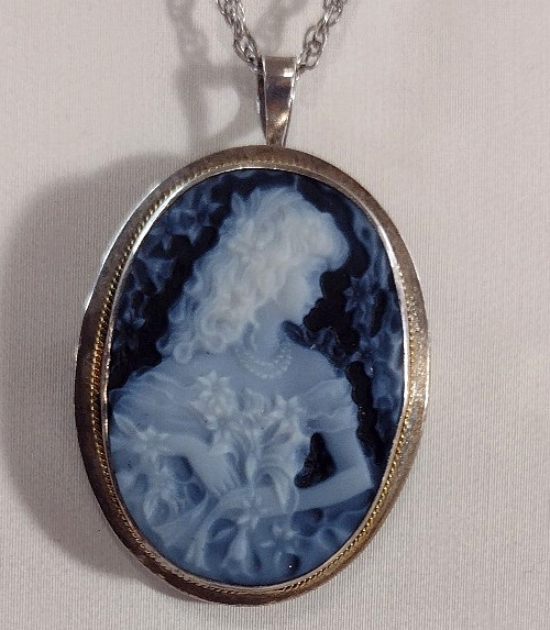 Cameo Sterling Silver 925 Italy Azure Agate Pendant Brooch 1121 NA Rare Hair
