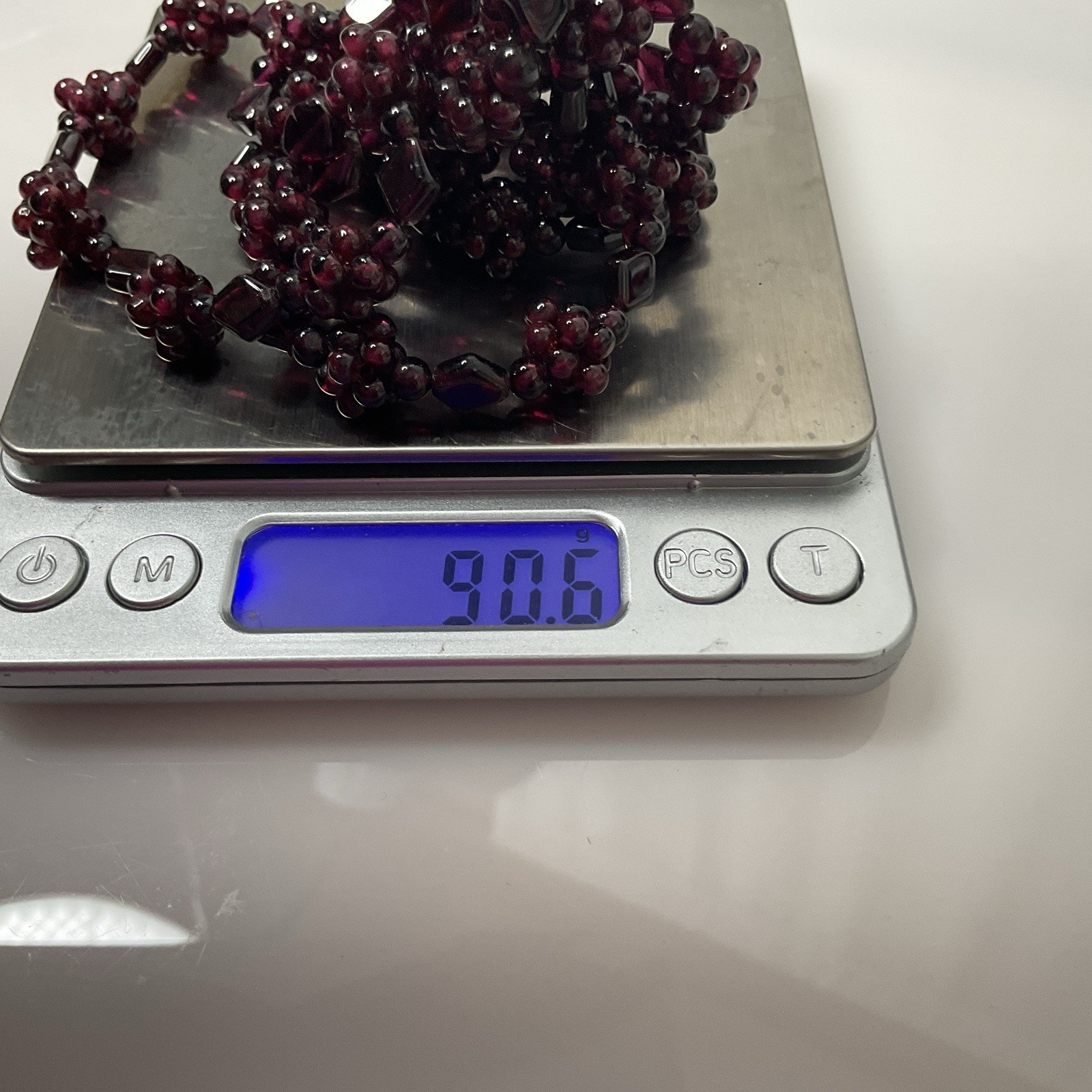 Bohemian Garnet Grape Cluster Necklace Vintage 34″ Long 90 grams
