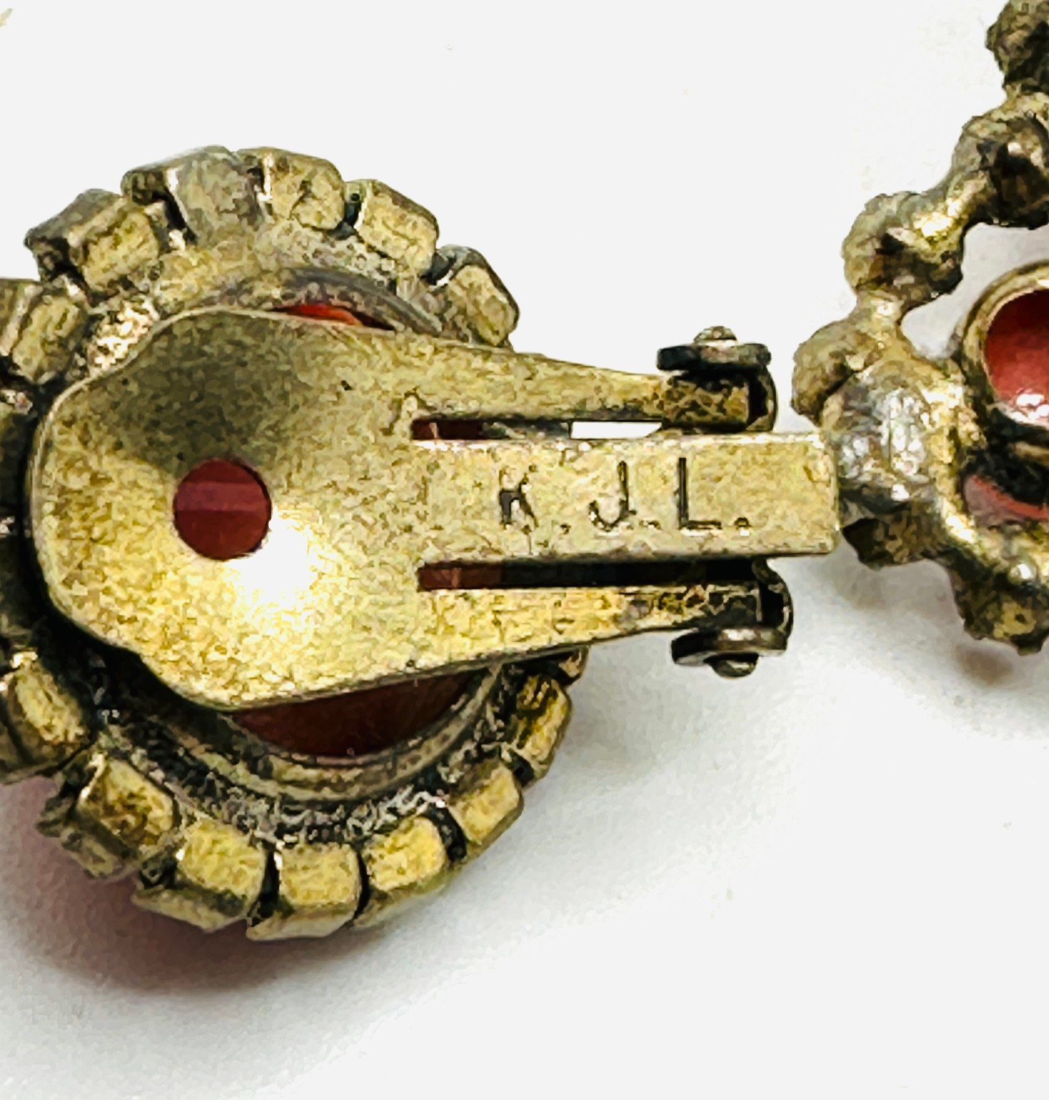 RARE Signed 1960’s KJL Faux Coral & Rhinestone Clip-on Dangle SINGLE Earring