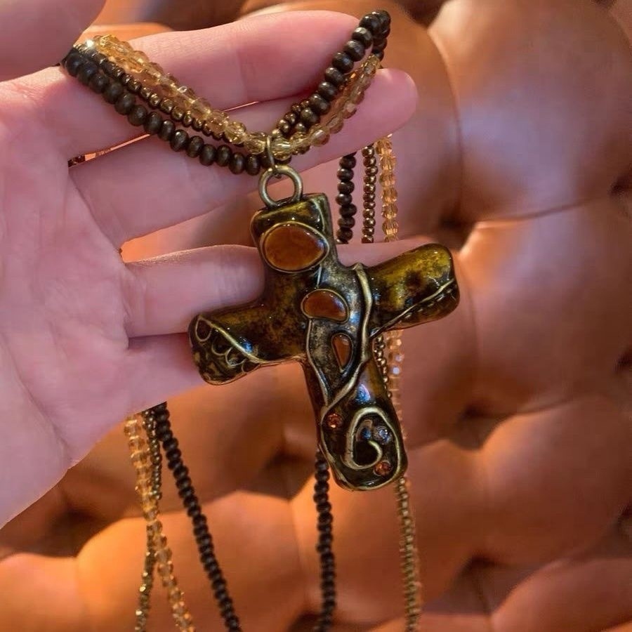 Vintage Retro Gothic Bohemian Cross Pendant Multi-Layered Beaded Chain Necklace