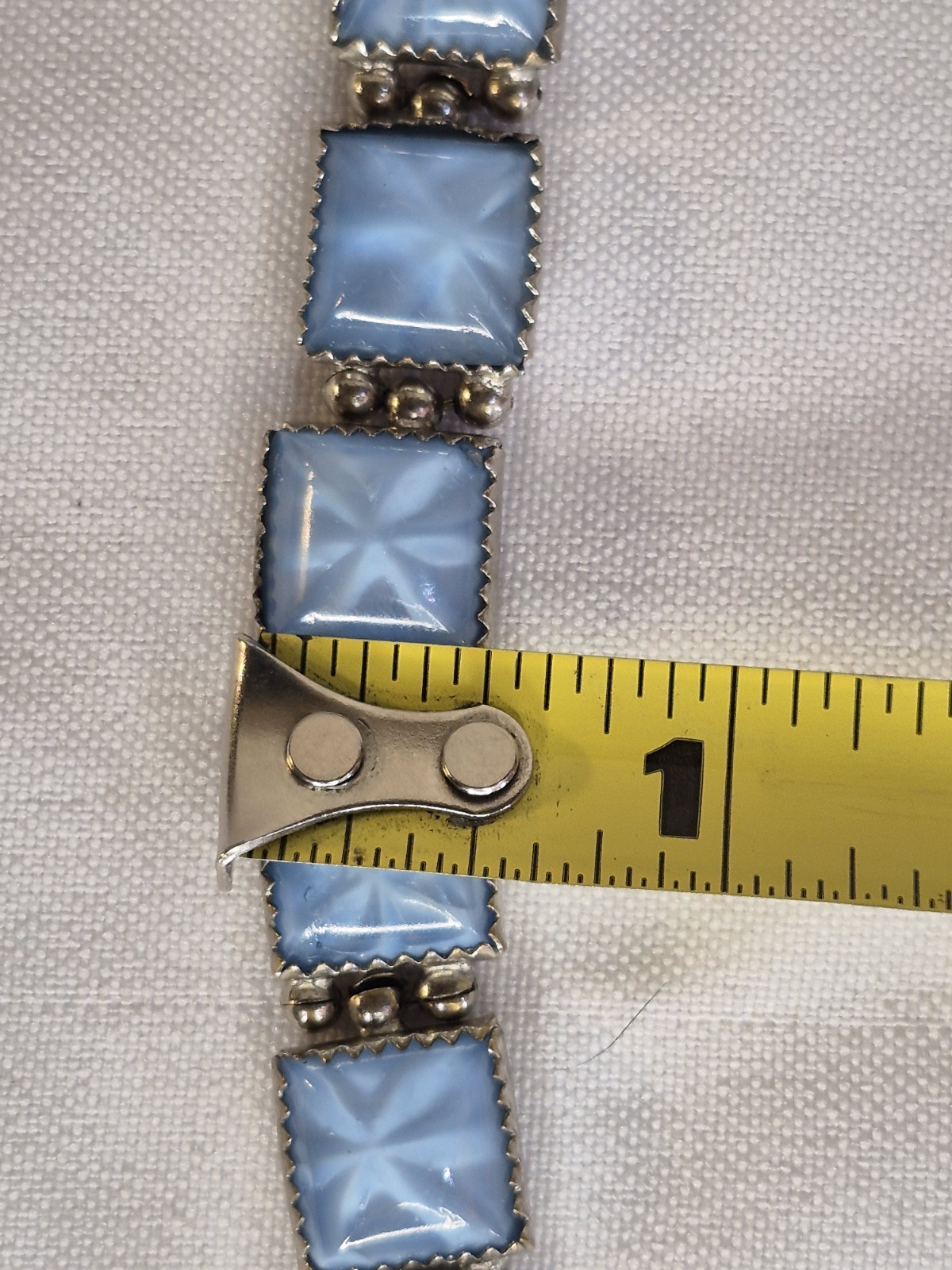 Blue Opaline Star Czech Glass Bracelet Square Silvertone Link 7 Inches Vintage