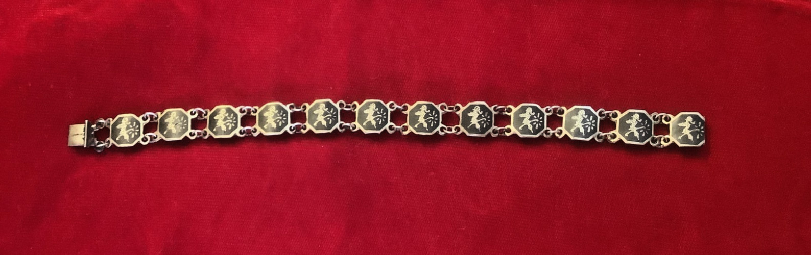 Vintage Siam Sterling Silver Niello Dancer Link Panel Bracelet, 7 1/2 inches