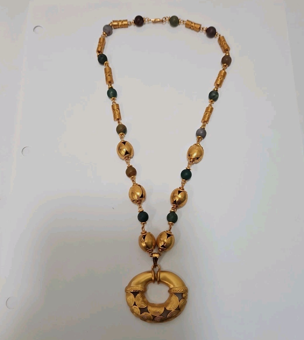 Gold Plated 24k PreColumbian Inca Pendant Necklace & Drop Earrings Set Faux Jade
