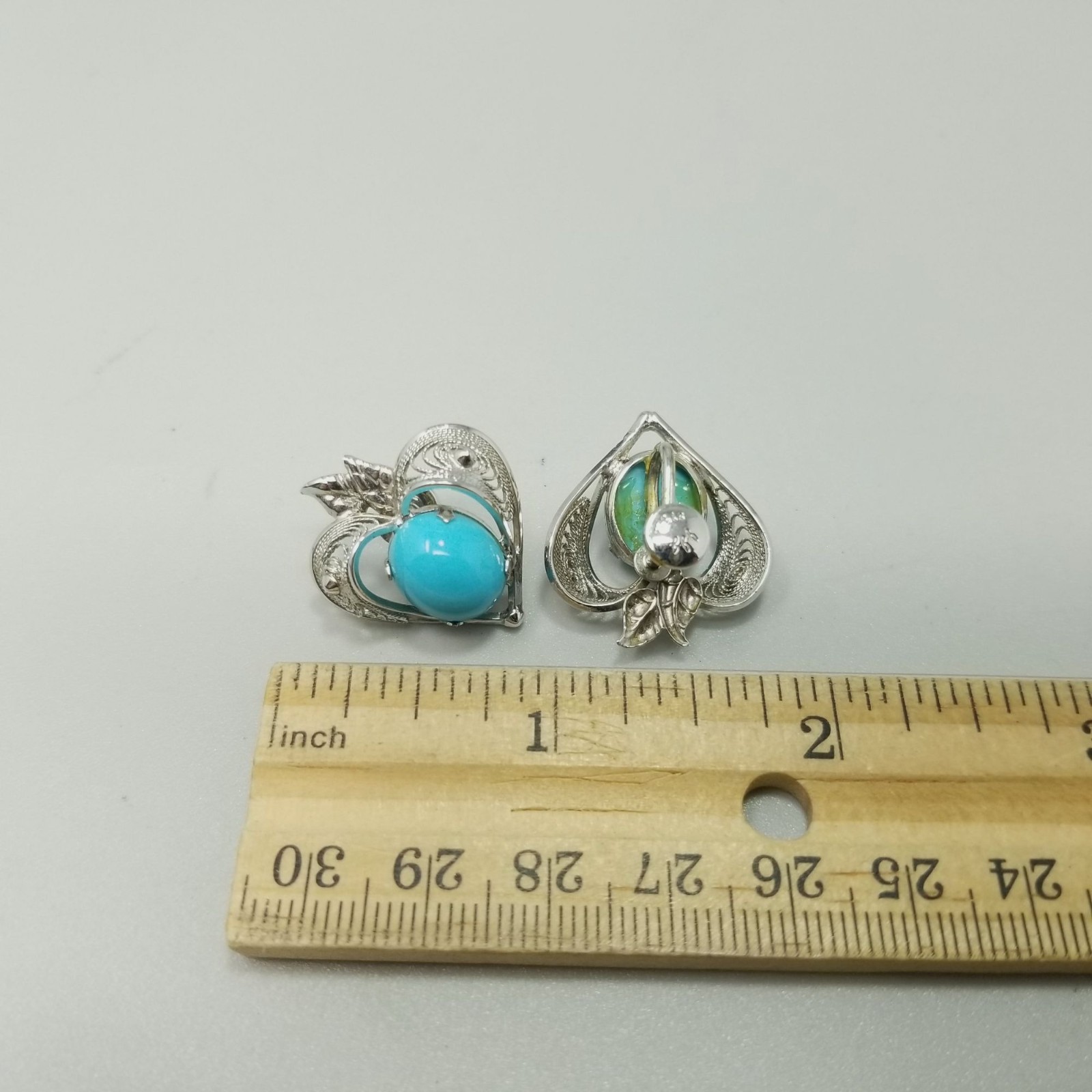 Vintage Sterling Silver Blue Cabochon Filigree Heart Clip On Screw Back Earrings