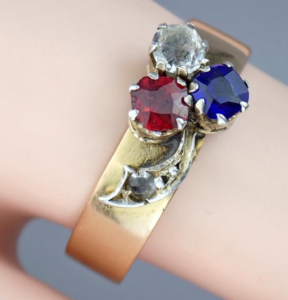 Charming Antique Victorian 14K Rose Gold Red White Blue Paste Floral Ring Size 8