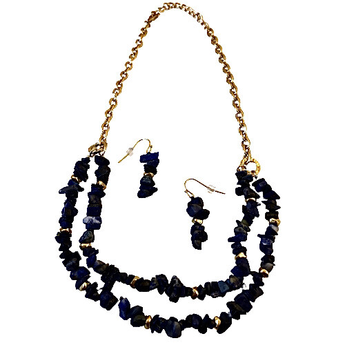 Lapis Necklace & Earring SET Lazuli Blue Natural Gravel Chip Gemstones