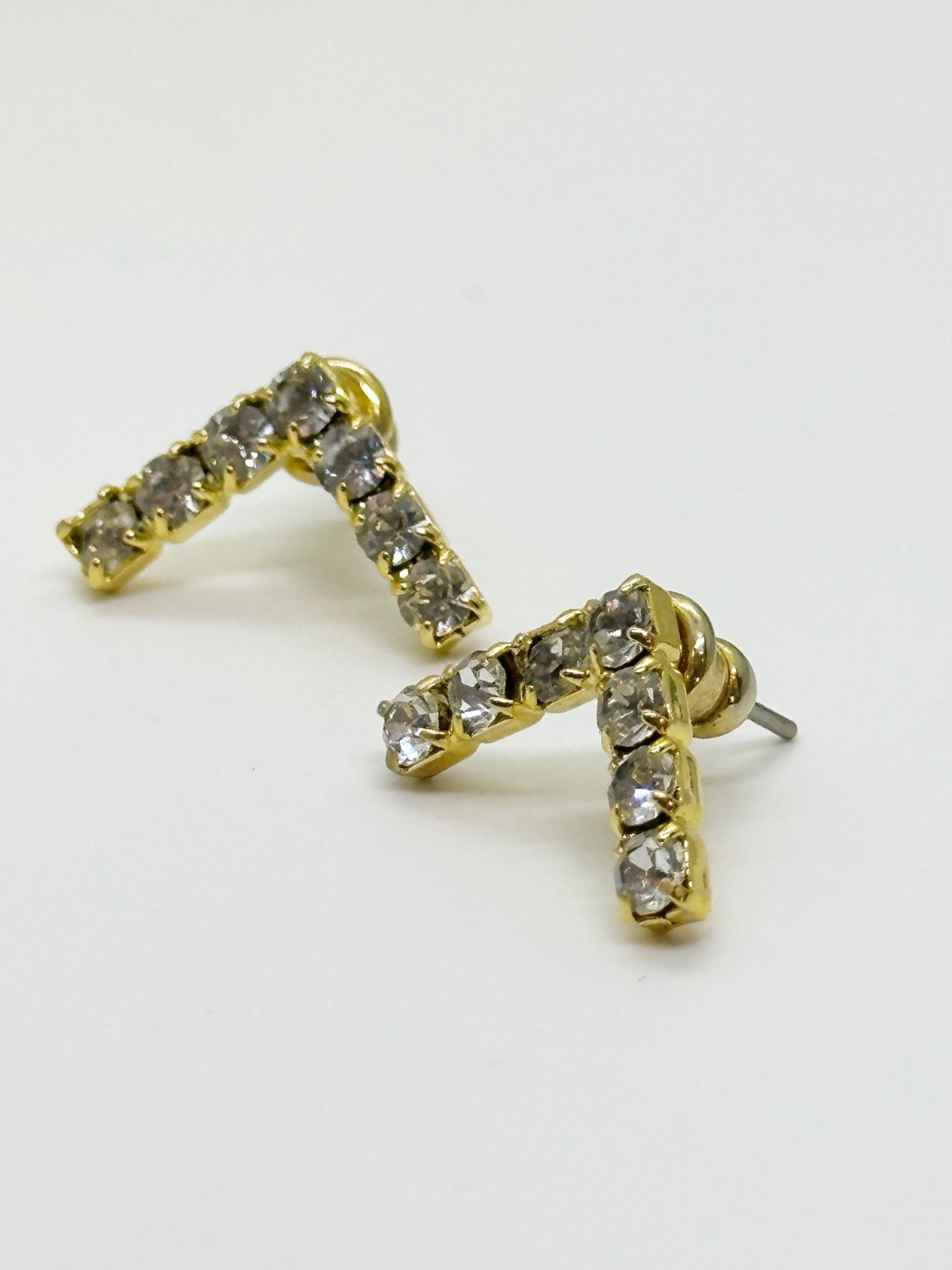 Rhinestone Stud Earrings Gold Tone V Shaped
