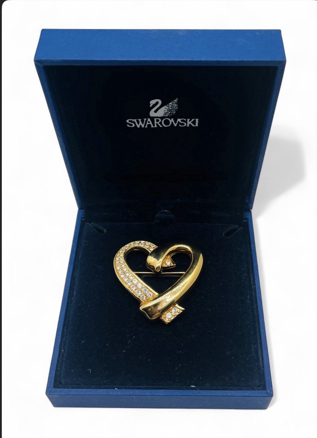 Vintage Signed Swarovski Swan Mark Crystal Rhinestone Gold Heart Brooch w/Box