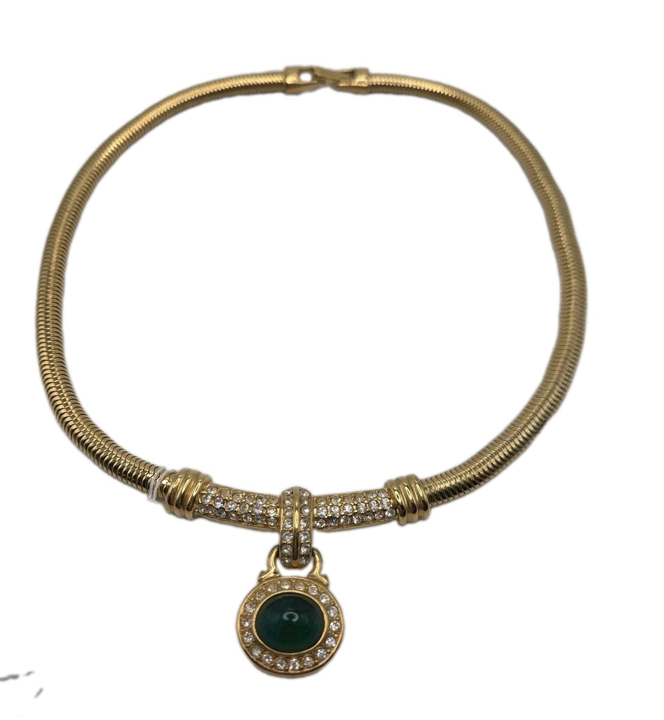 Vintage Givenchy Gold Tone Green Cabochon Rhinestone Omega Choker Necklace (033)